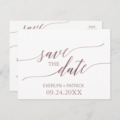 Elegant Rose Gold Calligraphy Save the Date Announcement Postcard