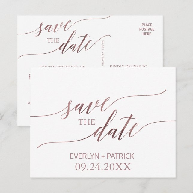 Elegant Rose Gold Calligraphy Save the Date Announcement Postcard (Front/Back)