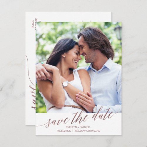 Elegant Rose Gold Calligraphy Save the Date Photo Announcement Postcard