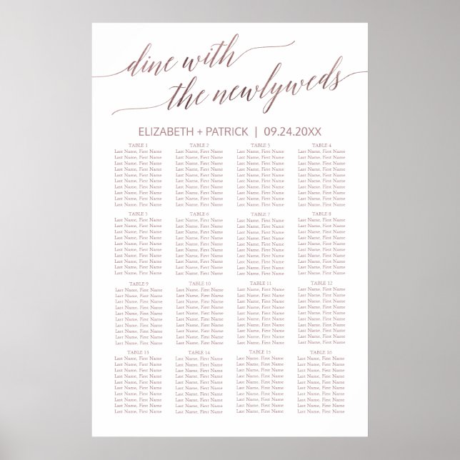 Elegant Rose Gold Calligraphy Seating Chart (Front)