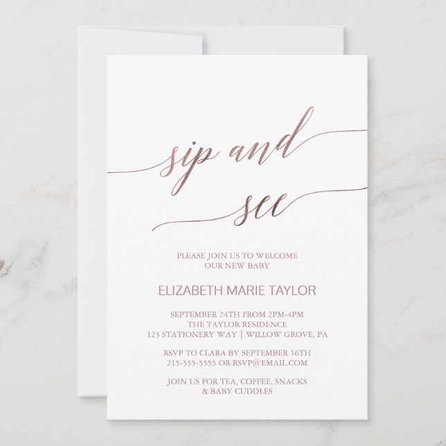 Elegant Rose Gold Calligraphy Sip and See Invitation (Front)