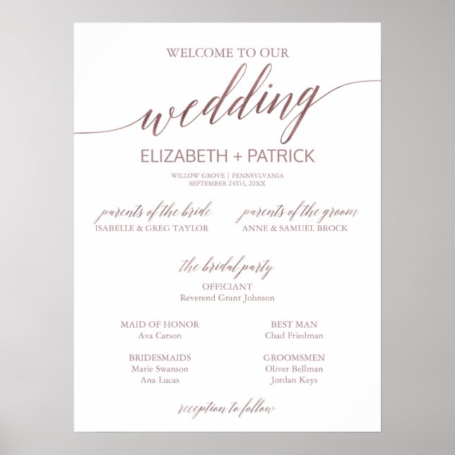 Elegant Rose Gold Calligraphy Sm Wedding Program Poster (Front)