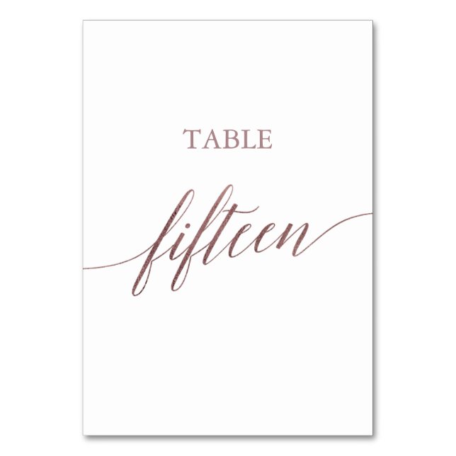 Elegant Rose Gold Calligraphy Table Number Fifteen (Back)
