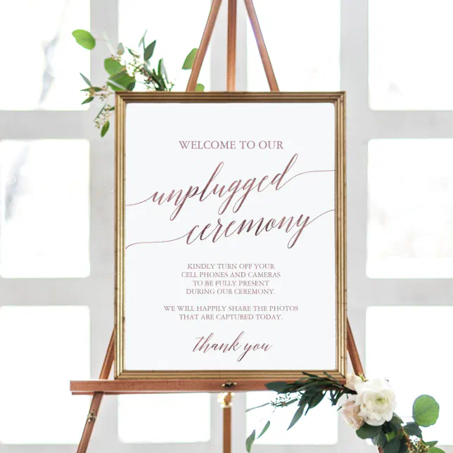 Elegant Rose Gold Calligraphy Unplugged Ceremony Poster | Zazzle