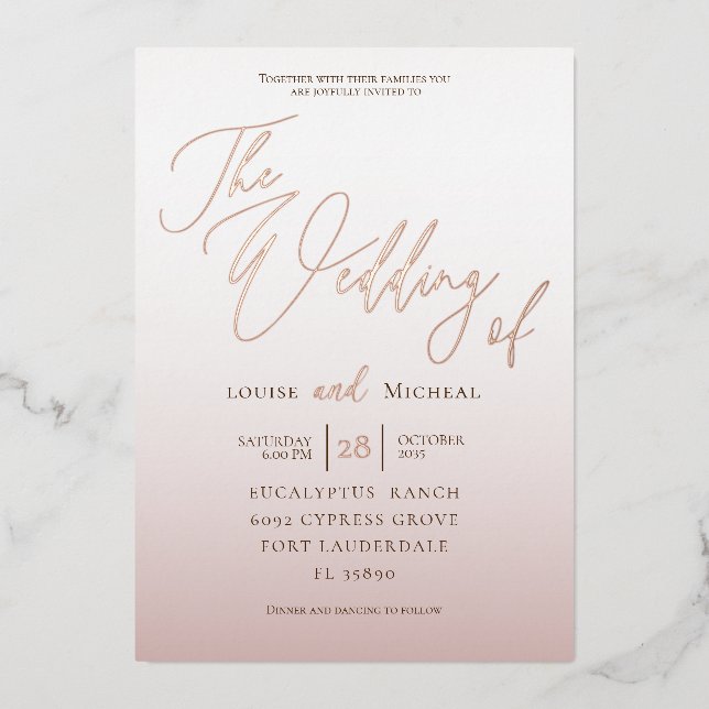 Elegant Rose Gold Calligraphy Wedding  Foil Invitation (Front)