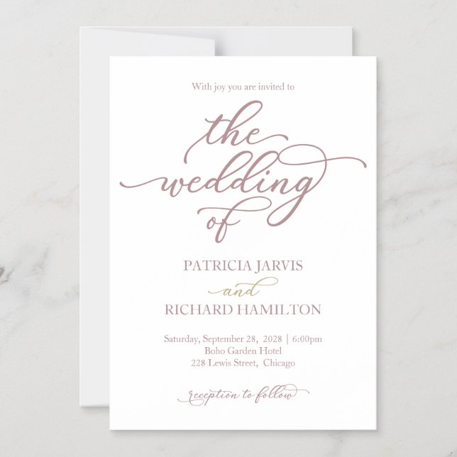 Elegant Rose Gold Calligraphy Wedding Invitation (Front)