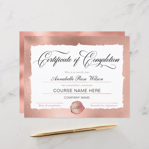 Elegant Rose Gold Certificate of Completion Award 