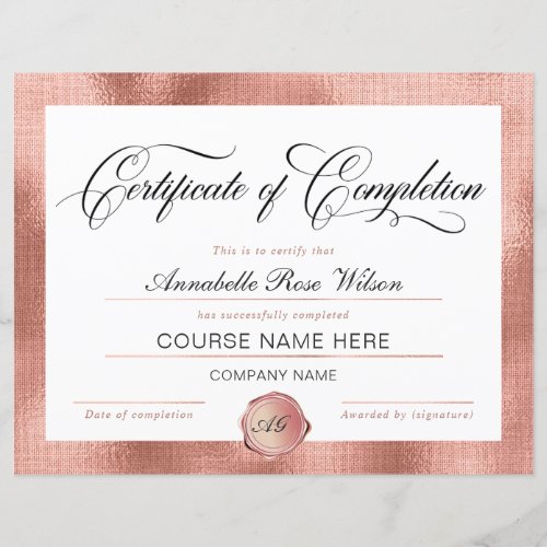 Elegant Rose Gold Certificate of Completion Award 