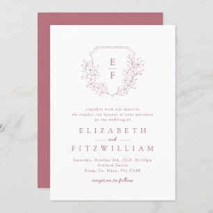 Elegant Rose Gold Cherry Blossom Monogram Crest Invitation