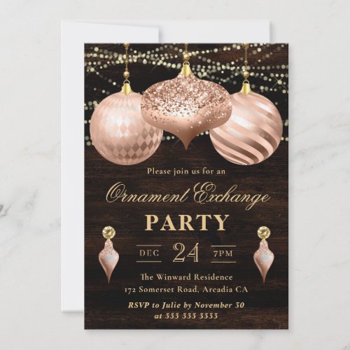 Elegant Rose Gold Christmas Ornament Exchange Invitation