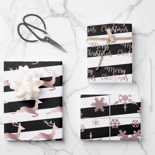 Elegant rose gold Christmas pattern striped    Wrapping Paper Sheets (Front)