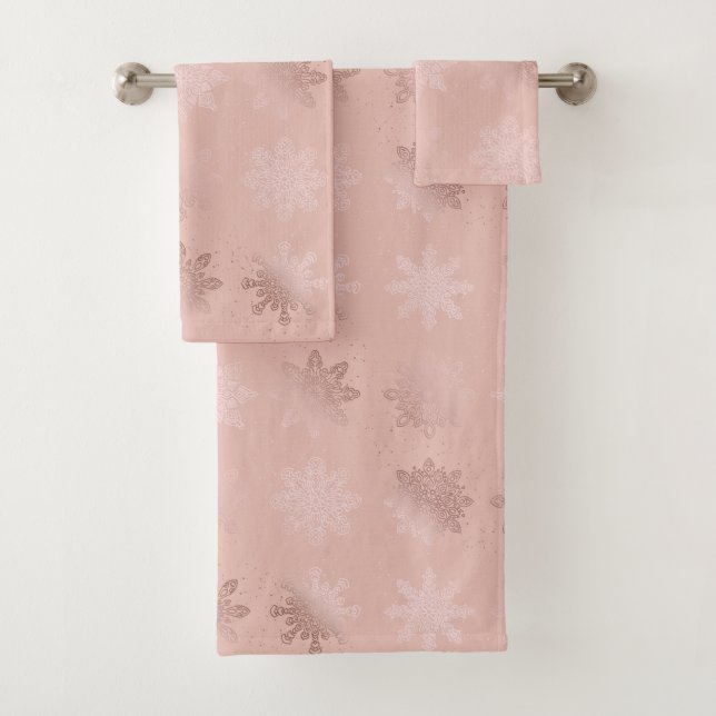 Elegant Rose Gold Christmas Snowflake Pattern Bath Towel Set (Insitu)