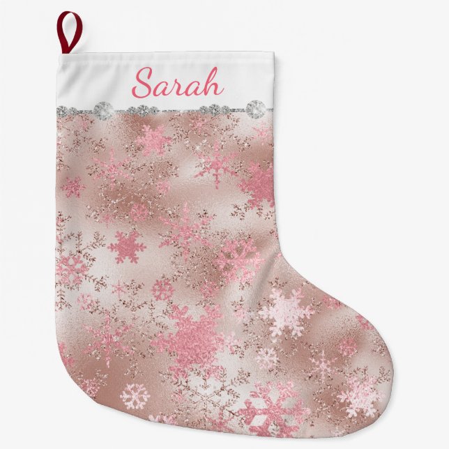 Elegant rose gold Christmas Snowflake Pattern Large Christmas Stocking (Front)