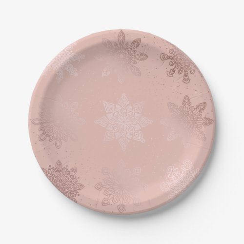 Elegant Rose Gold Christmas Snowflake Pattern Paper Plates