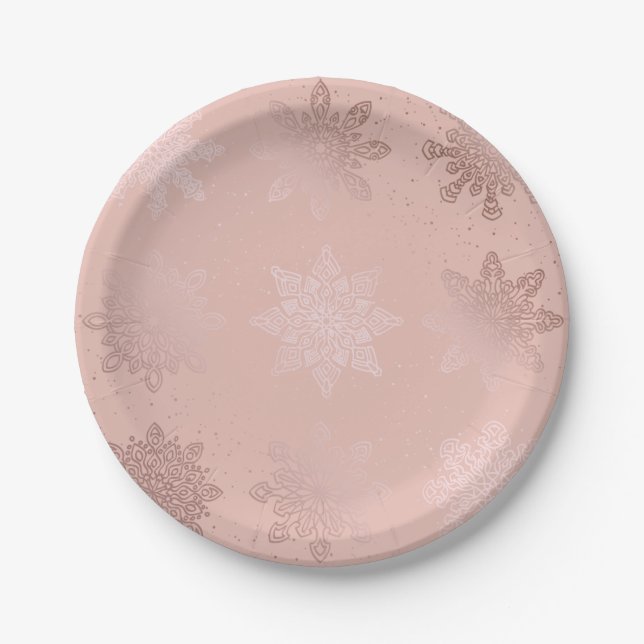 Elegant Rose Gold Christmas Snowflake Pattern Paper Plates (Front)
