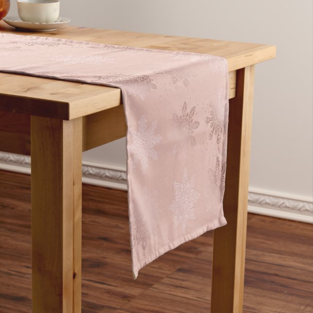 Elegant Rose Gold Christmas Snowflake Pattern Short Table Runner (In Situ)