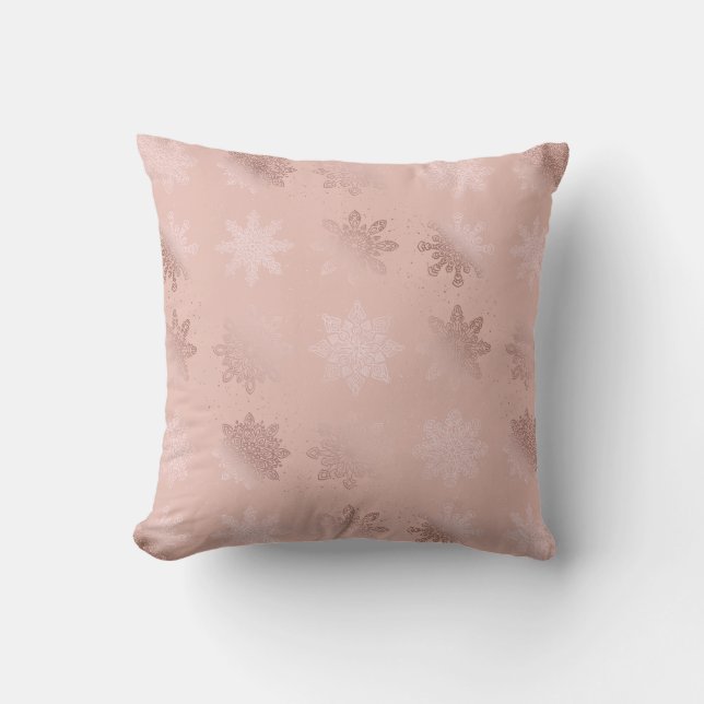 Elegant Rose Gold Christmas Snowflake Pattern Throw Pillow (Front)