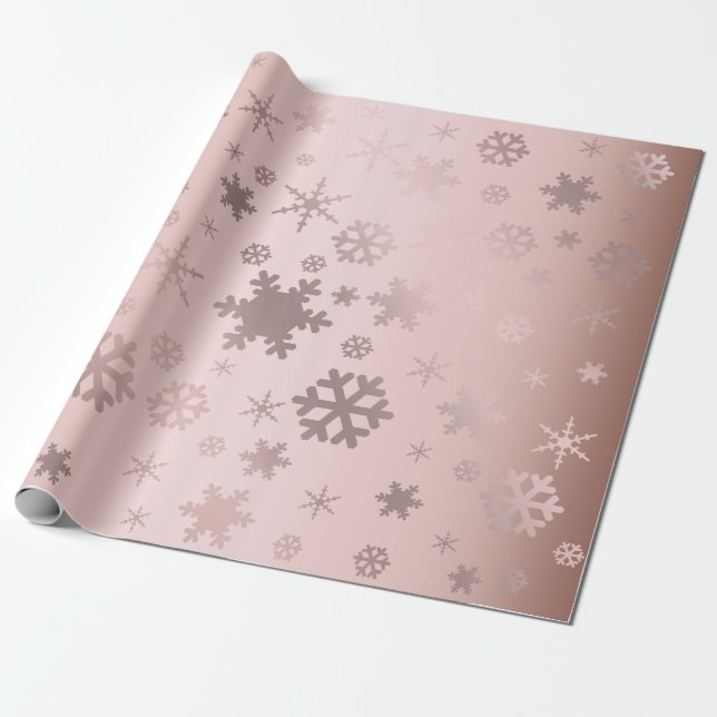 Elegant Rose Gold Christmas Snowflake Pattern Wrapping Paper (Unrolled)