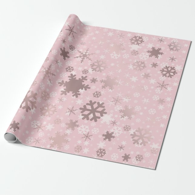 Elegant Rose Gold Christmas Snowflake Pattern Wrapping Paper (Unrolled)