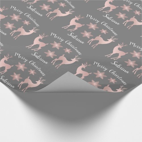 Elegant rose gold Christmas snowflake reindeer Wrapping Paper