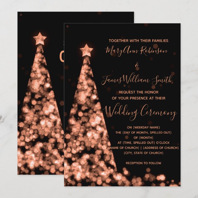 Elegant Rose Gold Christmas Tree Holiday Wedding Invitation (Front/Back)