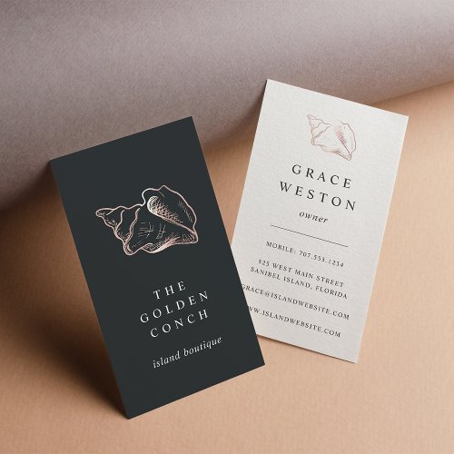 Elegant Rose Gold Conch Shell Vertical Business Card