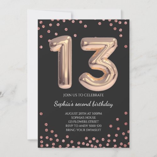 Elegant Rose Gold Confetti 13th Birthday Girl Invitation