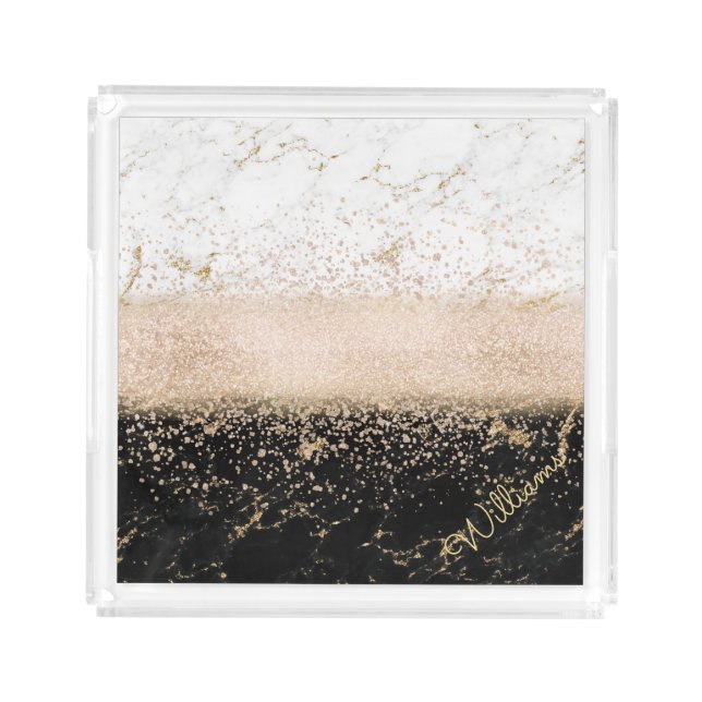 Elegant rose gold confetti marble design acrylic tray (Front)