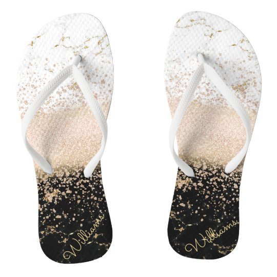 Elegant rose gold confetti marble design flip flops