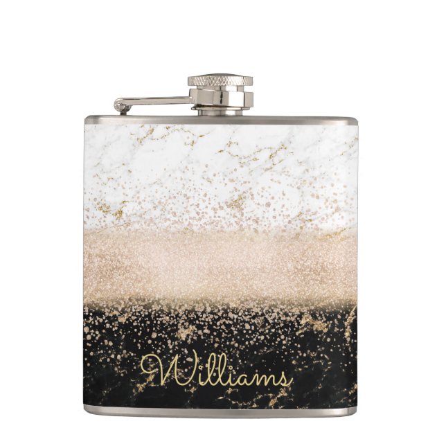 Elegant rose gold confetti marble design hip flask (Front)