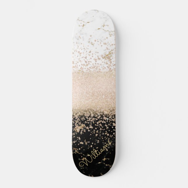 Elegant rose gold confetti marble design skateboard deck (Front)