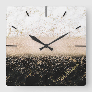 Elegant rose gold confetti marble design square wall clock