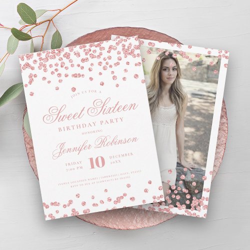 Elegant Rose Gold Confetti Photo Sweet 16   Invitation
