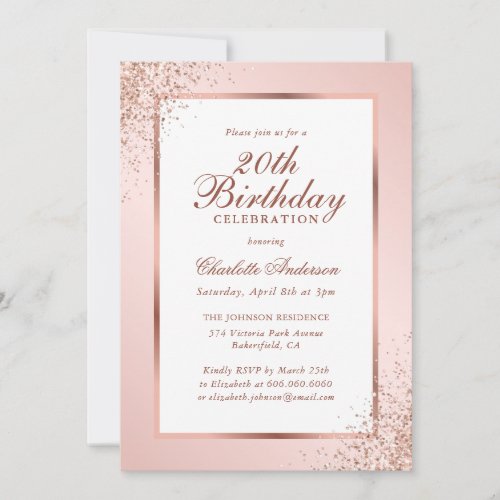 Elegant Rose Gold Confetti Pink 20th Birthday
