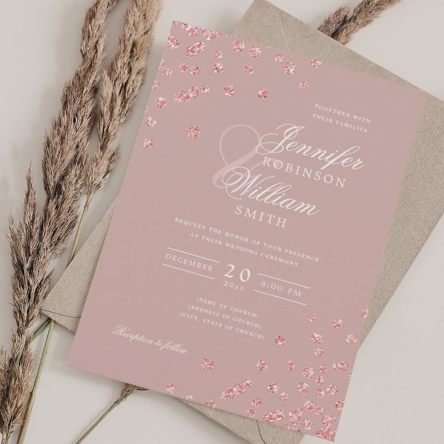 Elegant Rose Gold Confetti QR Wedding Dusty Rose  Invitation (Elegant Rose Gold Confetti QR Wedding Dusty Rose Invitation)