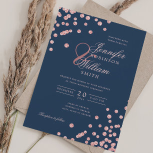 Elegant Rose Gold Confetti QR Wedding Navy Blue  Invitation