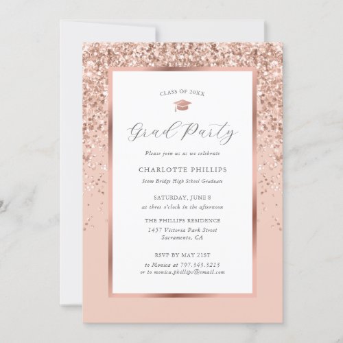Elegant Rose Gold Confetti Script Photo Grad Party Invitation