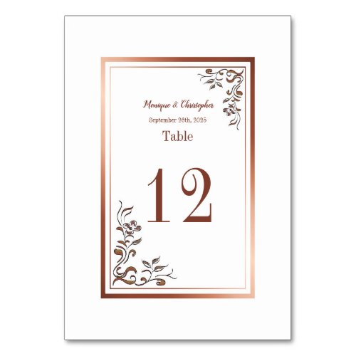 Elegant Rose Gold Copper Floral White Wedding Table Number
