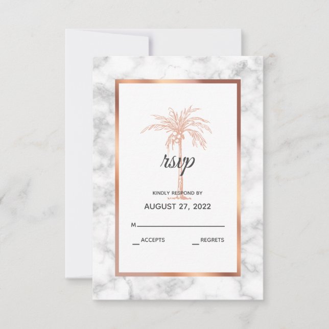 Elegant Rose Gold Copper Marble Palm Tree Wedding RSVP Card (Front)