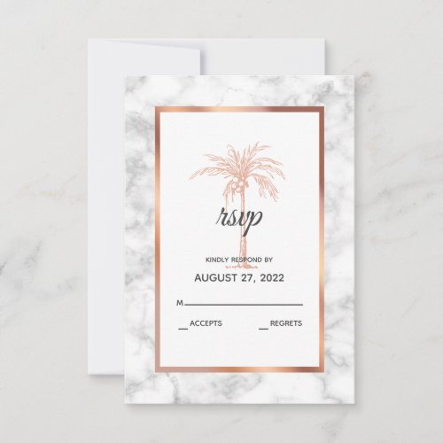 Elegant Rose Gold Copper Marble Palm Tree Wedding RSVP Card