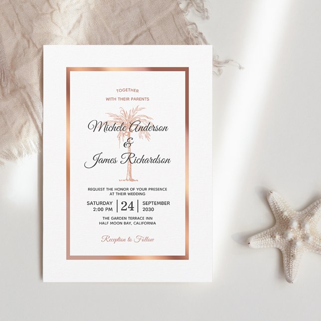 Elegant Rose Gold Copper Palm Tree Marble Wedding Invitation (Creator Uploaded)