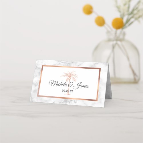 Elegant Rose Gold Copper Palm Tree Marble Wedding Place Card