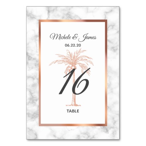 Elegant Rose Gold Copper Palm Tree Marble Wedding Table Number