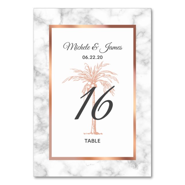Elegant Rose Gold Copper Palm Tree Marble Wedding Table Number (Front)