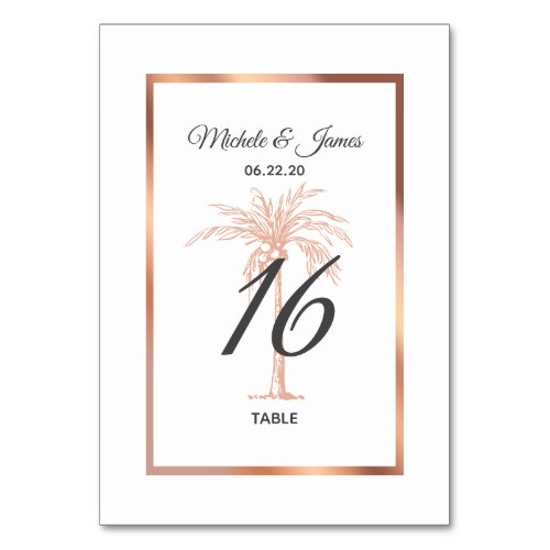 Elegant Rose Gold Copper Palm Tree Modern Wedding Table Number