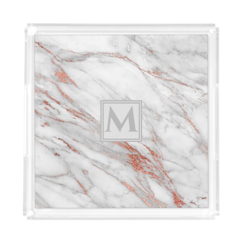 Elegant rose gold  copper white marble monogram acrylic tray