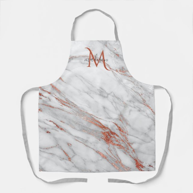 Elegant Rose Gold Copper White Marble Monogram  Apron (Front)