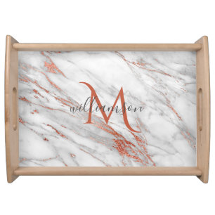 Elegant Rose Gold Copper White Marble Monogram Cut Serving Tray