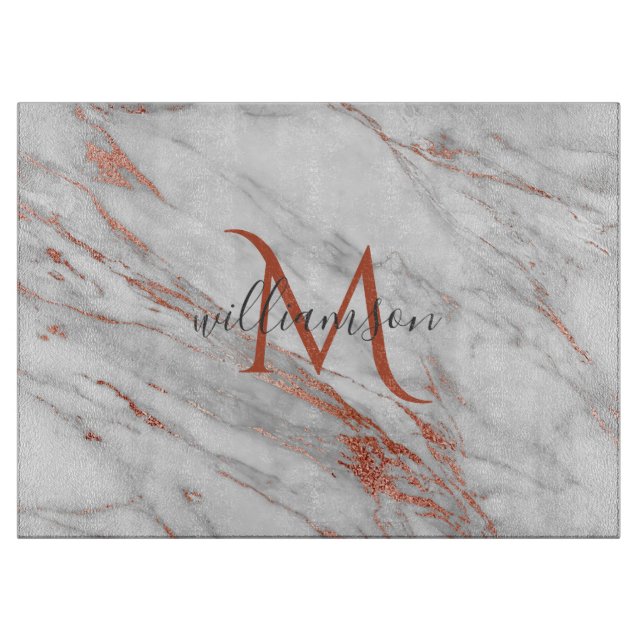Elegant Rose Gold Copper White Marble Monogram Cutting Board (Front)
