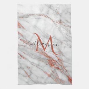 Elegant Rose Gold Copper White Marble Monogram Kitchen Towel